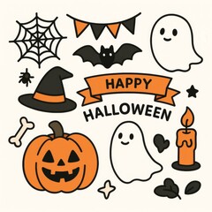 Spooky and fun Halloween-themed illustration with various festive elements. This colorful illustration is full of iconic symbols for a seasonal vibe
