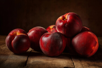 A collection of ripe red peaches resting 