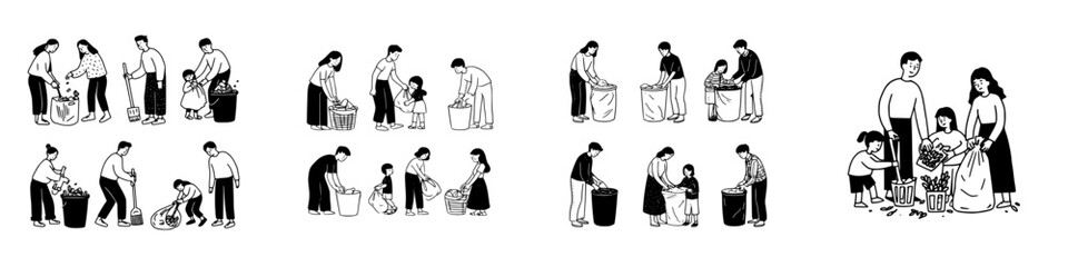 Group of people cleaning up trash and gardening activities in simple line art style