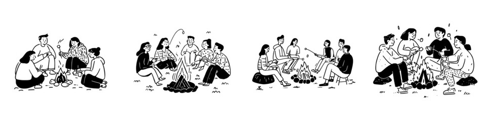 Diverse group of friends roasting marshmallows around a warm campfire