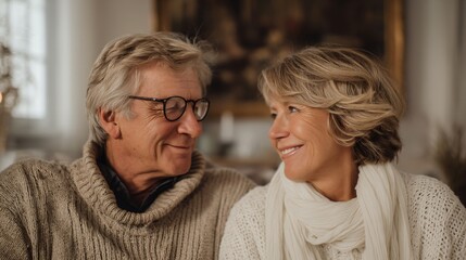 Serene Gaze: A loving older couple, sharing an intimate moment of connection, gazes lovingly at each other in a warm, inviting setting.