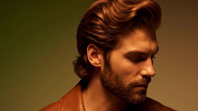 quiff hairstyle - A close-up of a stylish man with tousled hair and a well-groomed beard, wearing a brown leather jacket, set against a softly lit gradient background