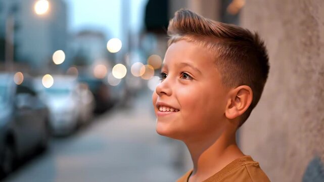 quiff hairstyle - A smiling young boy stands on a city sidewalk during twilight, with blurred streetlights and parked cars in the background, projecting a sense of joy and wonder