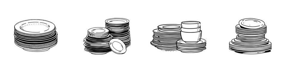 Stacked clean dishes and cups in simple black and white outline drawing style