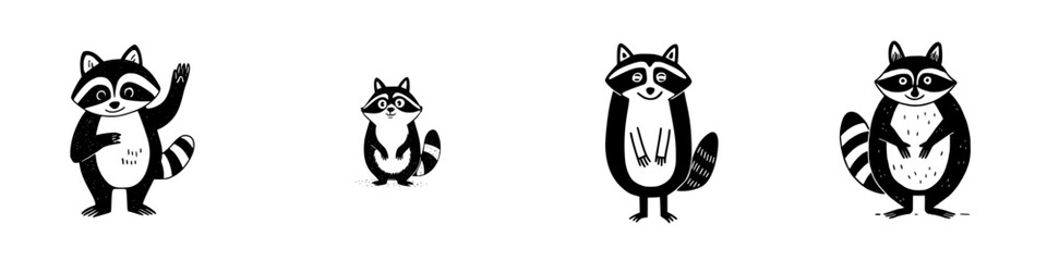 Set of four cute hand drawn raccoon characters in black and white style