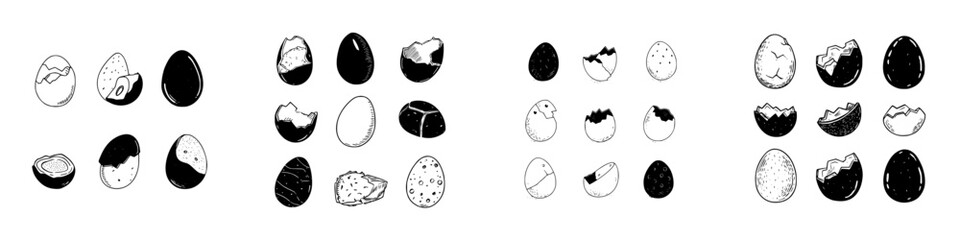 Various whole and cracked egg icons presented in a simple sketch style