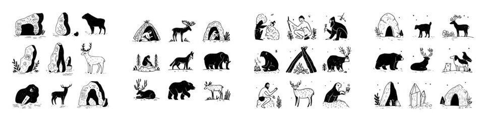 Stone Age icons featuring cave dwellings animals and prehistoric human figures