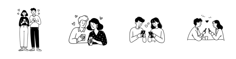 Couples interacting with smartphones showing affection and connection