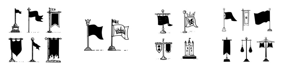 Medieval heraldic flags banners and castle icons in detailed sketch style