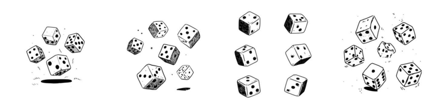 Tumbling and rolling six-sided dice in black and white sketch style