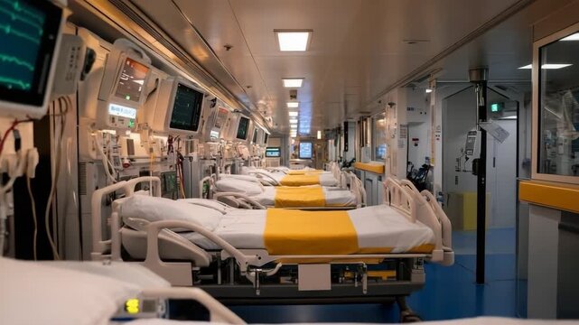 Hospital ward showcasing multiple empty beds