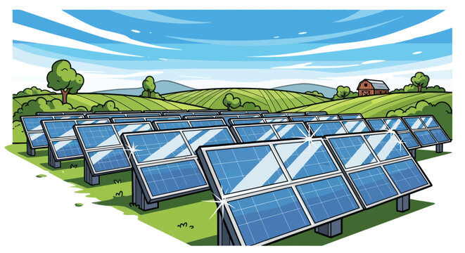 Cartoon Illustration of Solar Panel Field in Green Landscape.