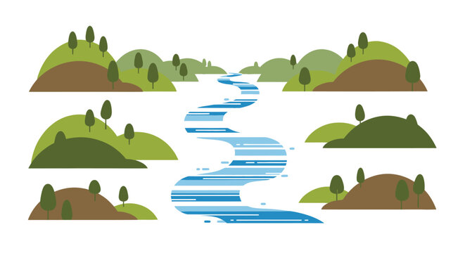 Stylized Rolling Hills and Winding River Landscape Illustration.