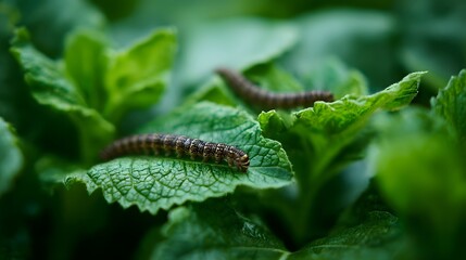 Two caterpillars crawling on vibrant green leaves in close up detail