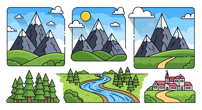 Colorful cartoon nature landscape elements set with mountains river forest and a rural house.