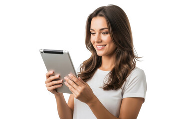 Fototapeta premium Smiling young woman holding a tablet computer isolated on transparent background