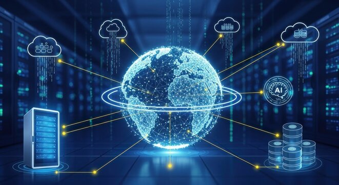 A globe with clouds and a digital AI icon, connected to servers and data centers.