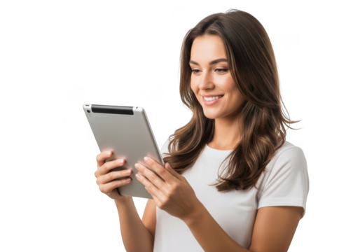 Smiling young woman holding a tablet computer isolated on transparent background