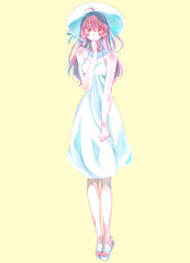 恥ずかしそうなワンピースの女性　帽子