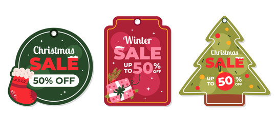 Holiday discount badges collection. Decorative Christmas tags with tree, snow, and presents. Vector template for seasonal marketing and winter sales.