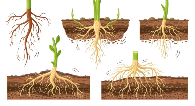 Detailed Illustrations of Plant Roots and Growing Sprouts.
