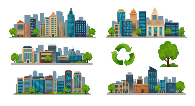 Collection of modern city skylines with green trees and eco-friendly elements.
