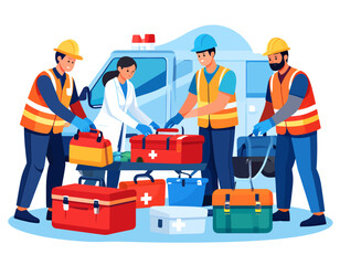 Community preparing emergency kits vector illustration.Flat vector illustration showing people preparing emergency kits and first aid supplies to promote awareness for International Day for Disaster R