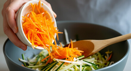 Preparing fresh and healthy salad with grated carrots and other vegetables in a grey bowl ready to be served to the table for dinner