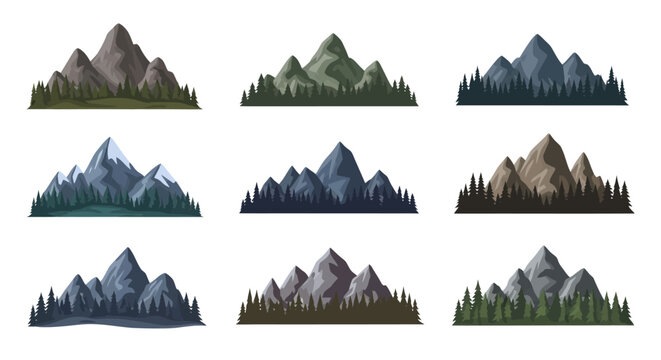 Collection of Stylized Mountain Ranges with Forest Elements.