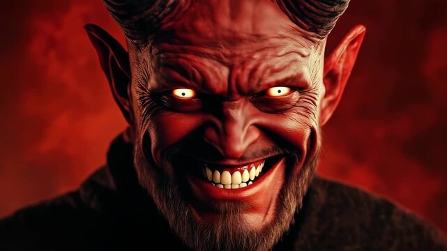 Angry red devil with glowing eyes and horns smiling menacingly in dark fiery atmosphere.