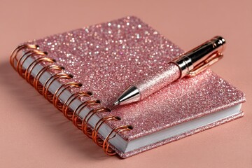 Close-up of a pink glittery pen resting on a glittery pink notebook with a gold spiral binding on a pale peach background
