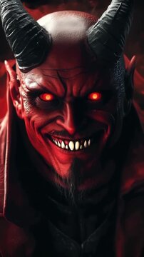 Menacing red devil with glowing eyes, sharp teeth, and large horns smiles from fiery darkness.