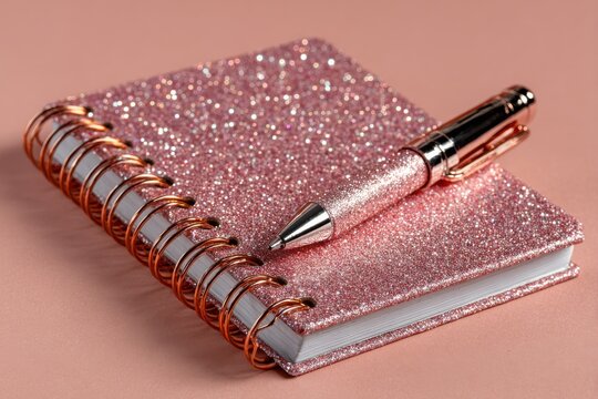 Close-up of a pink glittery pen resting on a glittery pink notebook with a gold spiral binding on a pale peach background