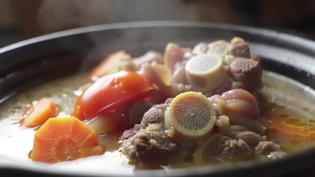 Steaming oxtail soup with carrots, and tomatoes.