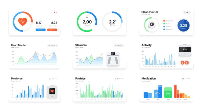 Modern UI dashboard elements for a health and fitness tracking application showing various charts graphs and biometrics.