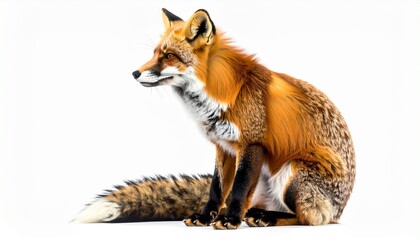 Obraz premium Red fox sitting with bushy tail on white background