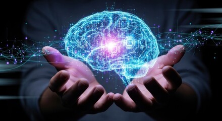 A digital brain with glowing blue and purple lights, surrounded by a network of lines and dots, held in hands.