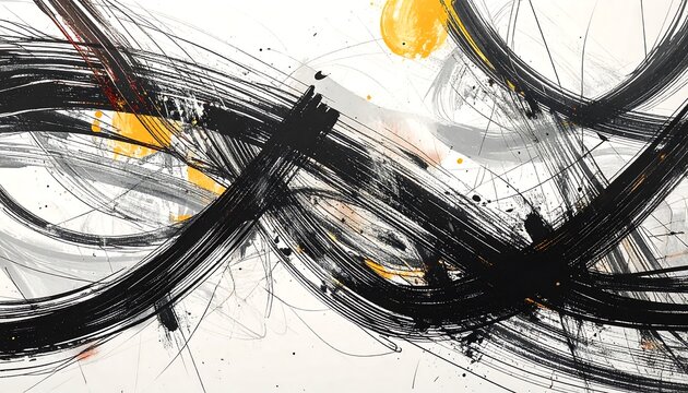 Abstract Expressionist Painting with Bold Black Brushstrokes and Yellow Accents