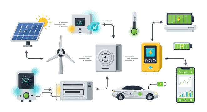 Renewable green energy ecosystem diagram showing solar panels wind turbines battery storage and electric vehicle charging.