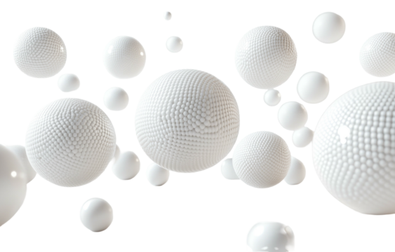 Floating orbs. White, bumpy surfaces, varied sizes, stark black background