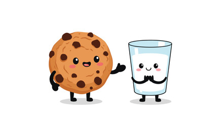 Cute cartoon chocolate chip cookie and a glass of milk waving hello to you.
