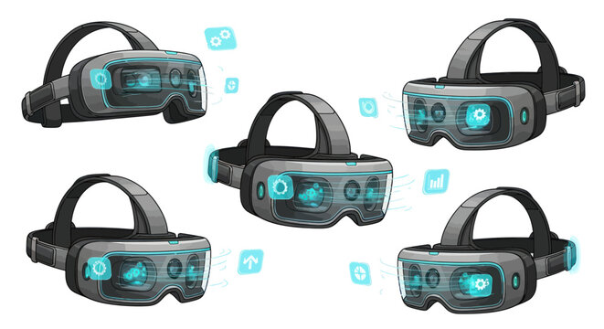 Modern Virtual Reality Headsets with Glowing Digital Interfaces.