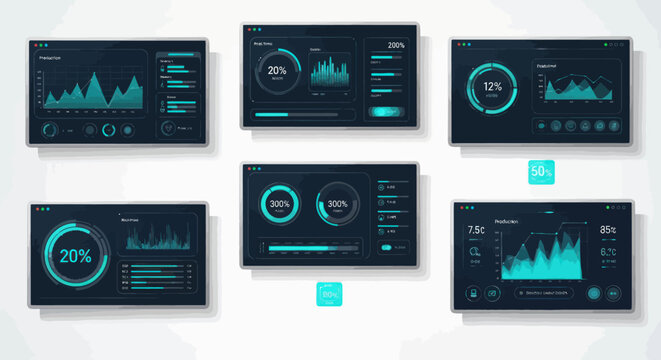 Set of Modern User Interface Dashboard Panels with Charts and Data Visualization.
