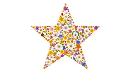 A floral star design composed of many different colorful flowers, set against a bright white backdrop, creating a cheerful image
