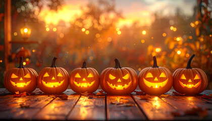 夕暮れに灯る複数ののジャックオランタン｜Multiple Jack-o'-lanterns glowing at dusk