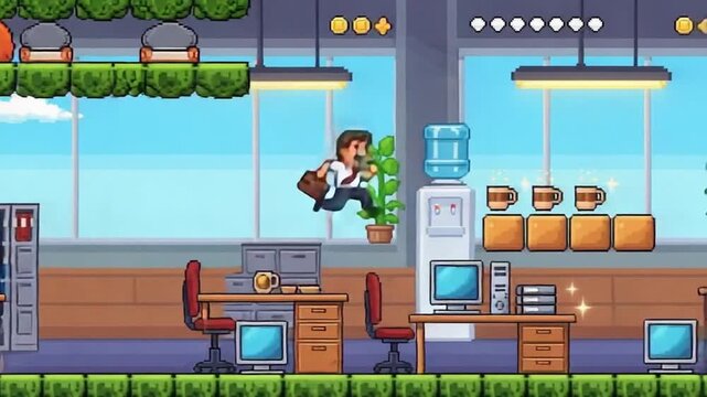 Pixel Art Office Platformer Game Scene with Businessman Character.