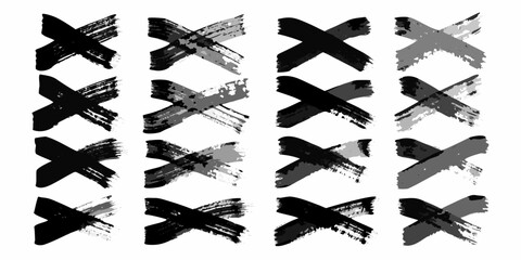 Collection of sixteen hand painted black and grey abstract brush stroke x marks on a white background