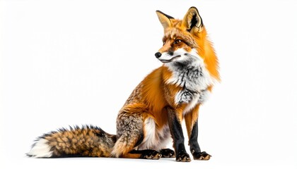 Obraz premium Red fox sitting with bushy tail on white background