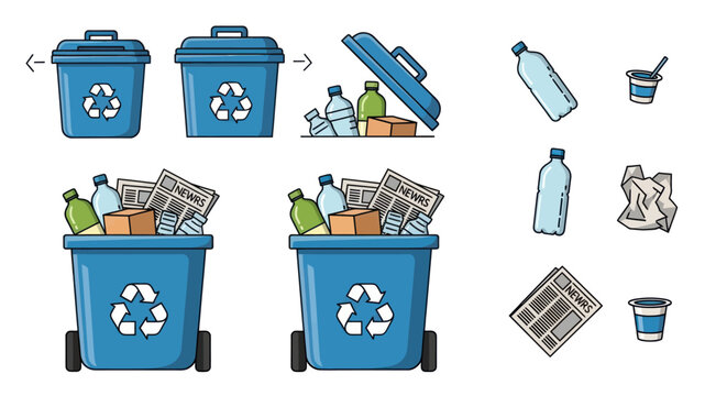 Blue Recycling Bins and Assorted Recyclable Items Illustration.