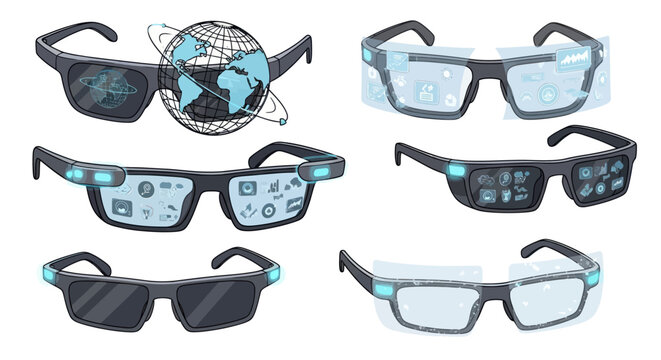 Collection of Futuristic Smart Glasses with Digital Displays.